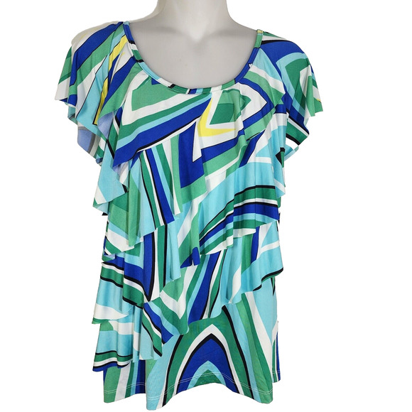 AGB Womens Top Blouse Size Large Tiered Layered Short Flutter Sleeve Abstract - Picture 1 of 9